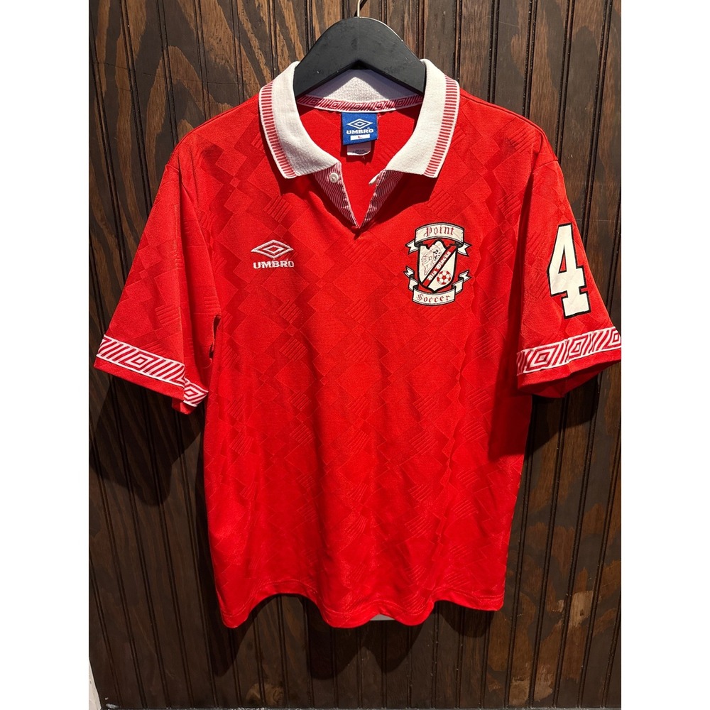 Vintage Umbro Red Soccer Jersey Polo Shirt Point Soccer Number 4 Large USA Made